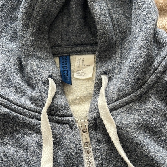 H&M Men's dark Blue soft zip up Hoodie white adjustable strings - Picture 2 of 2